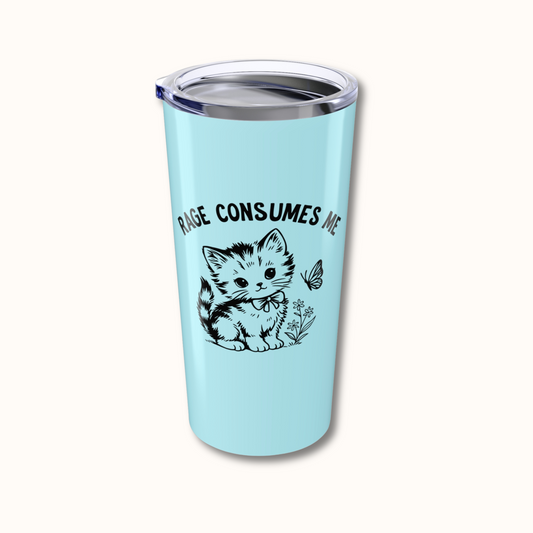 Light blue tumbler with a kitten design and text on a white background