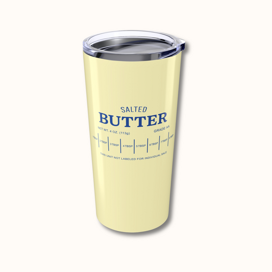 Yellow tumbler with 'Salted Butter' text and measurement scale on a white background