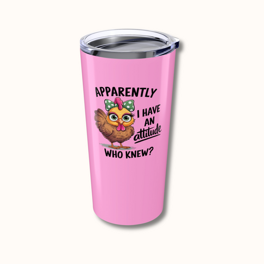 Pink tumbler with a cartoon chicken and text on a white background