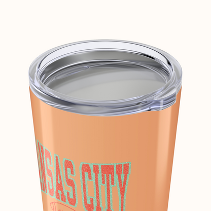 Orange tumbler with 'Las Vegas City' text on a white background