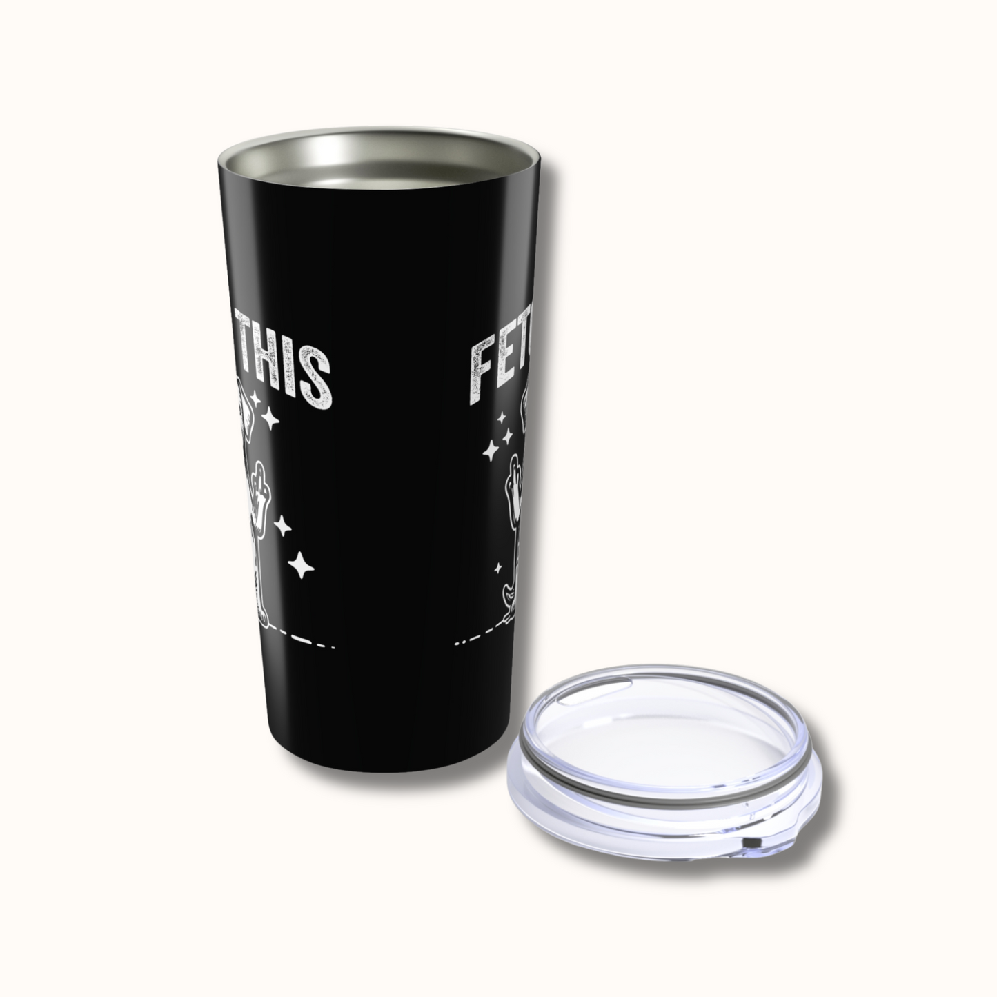Black tumbler with white text and designs on a white background