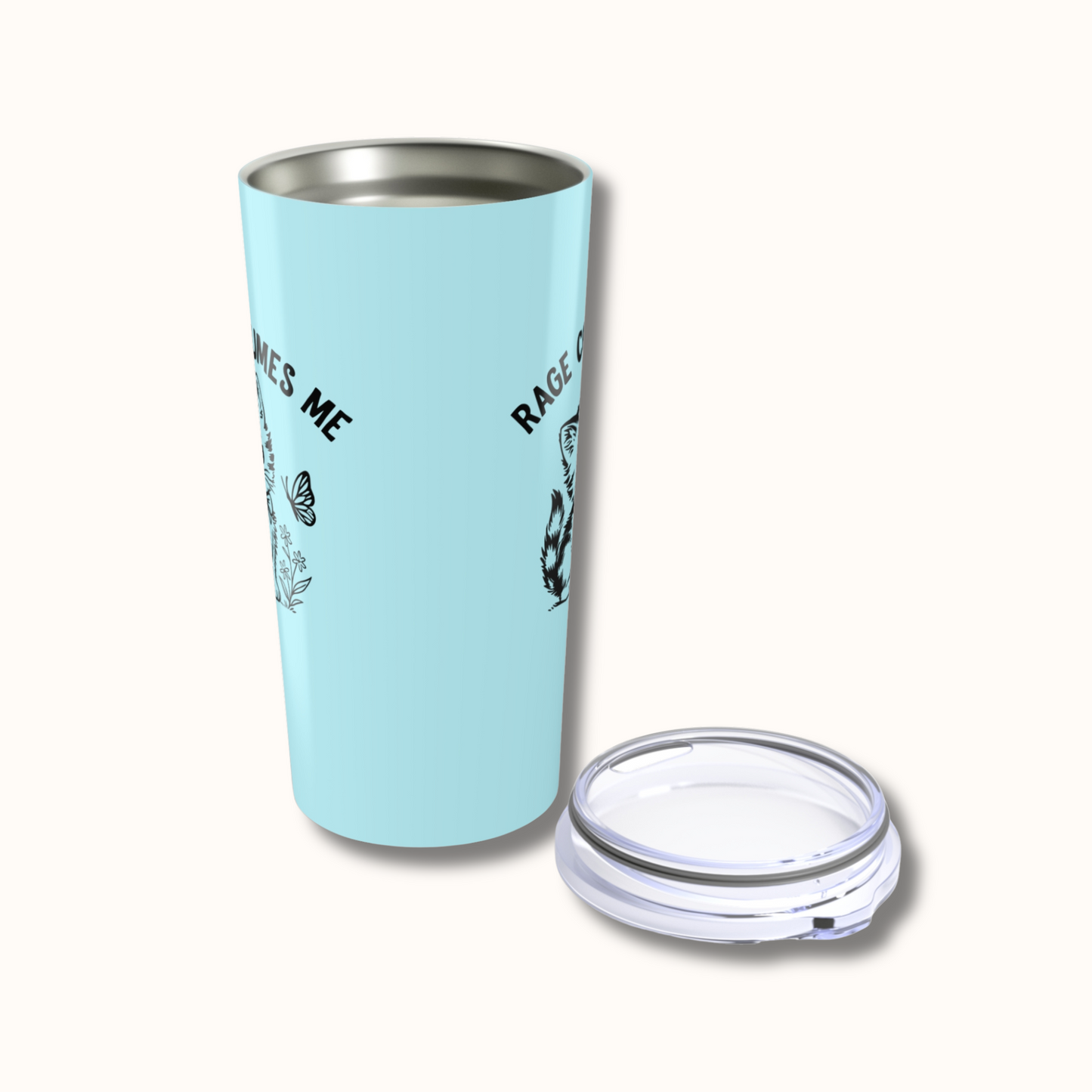 Light blue tumbler with text and graphics on a white background