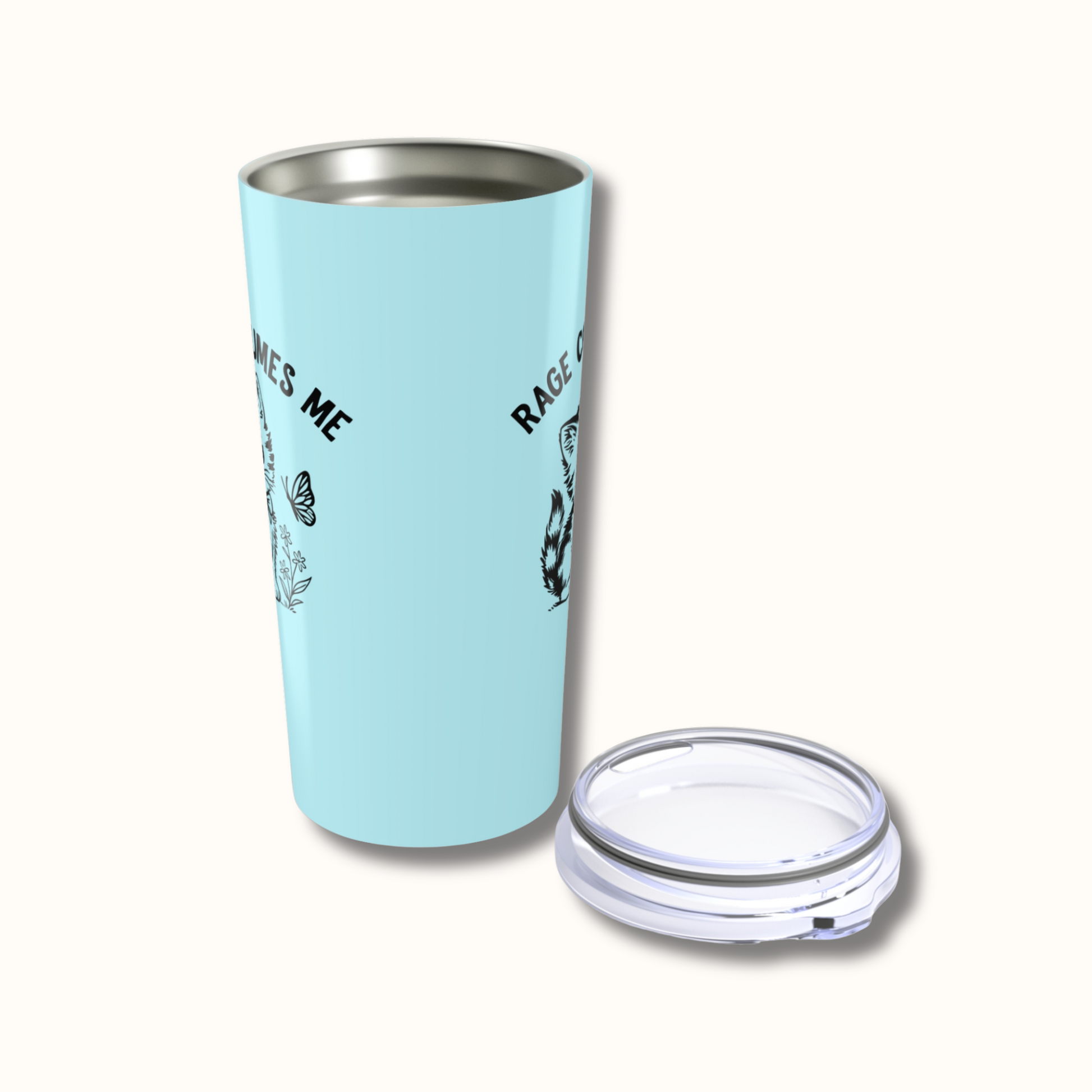 Light blue tumbler with text and graphics on a white background