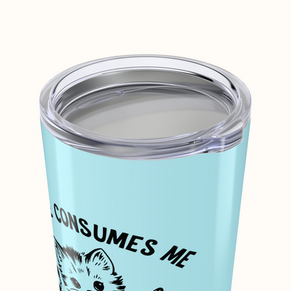 Light blue tumbler with a cat illustration and text on a white background