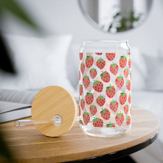 VERY BERRY GLASS CAN W/LID 16 OZ.