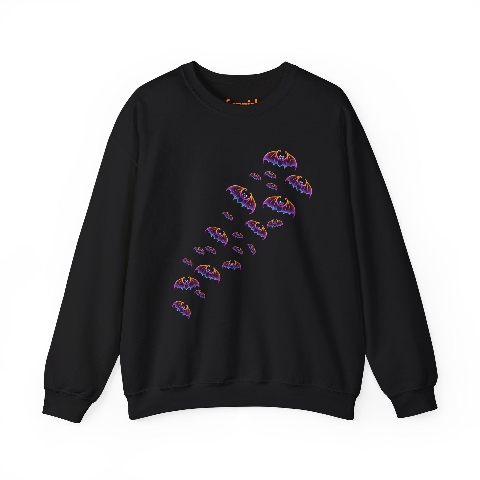 Black sweatshirt with colorful bat designs on a white background
