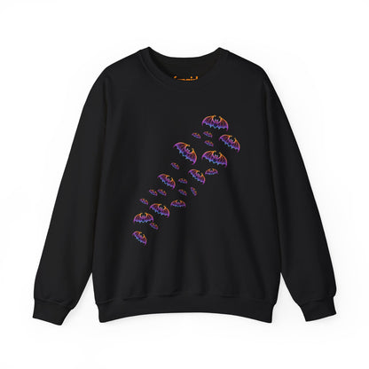 Black sweatshirt with colorful bat designs on a white background