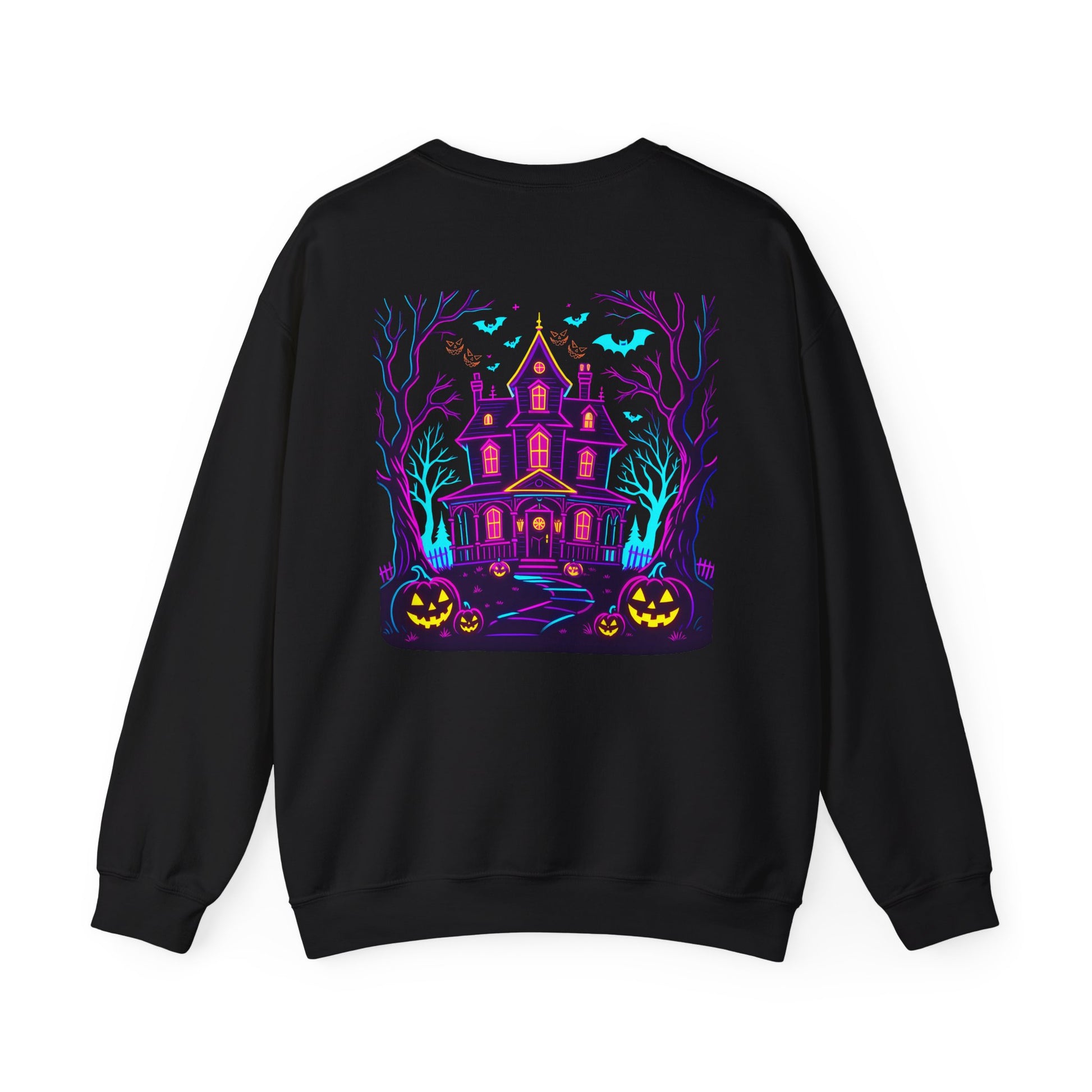 Black sweatshirt with a Halloween-themed design on the back featuring a haunted house and pumpkins.