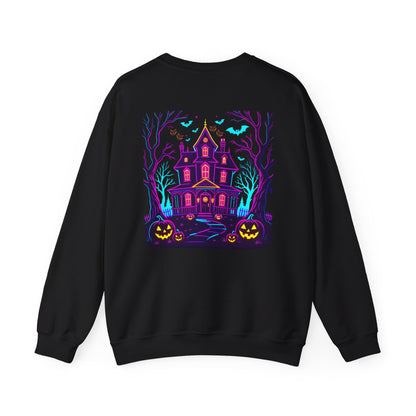Black sweatshirt with a Halloween-themed design on the back featuring a haunted house and pumpkins.
