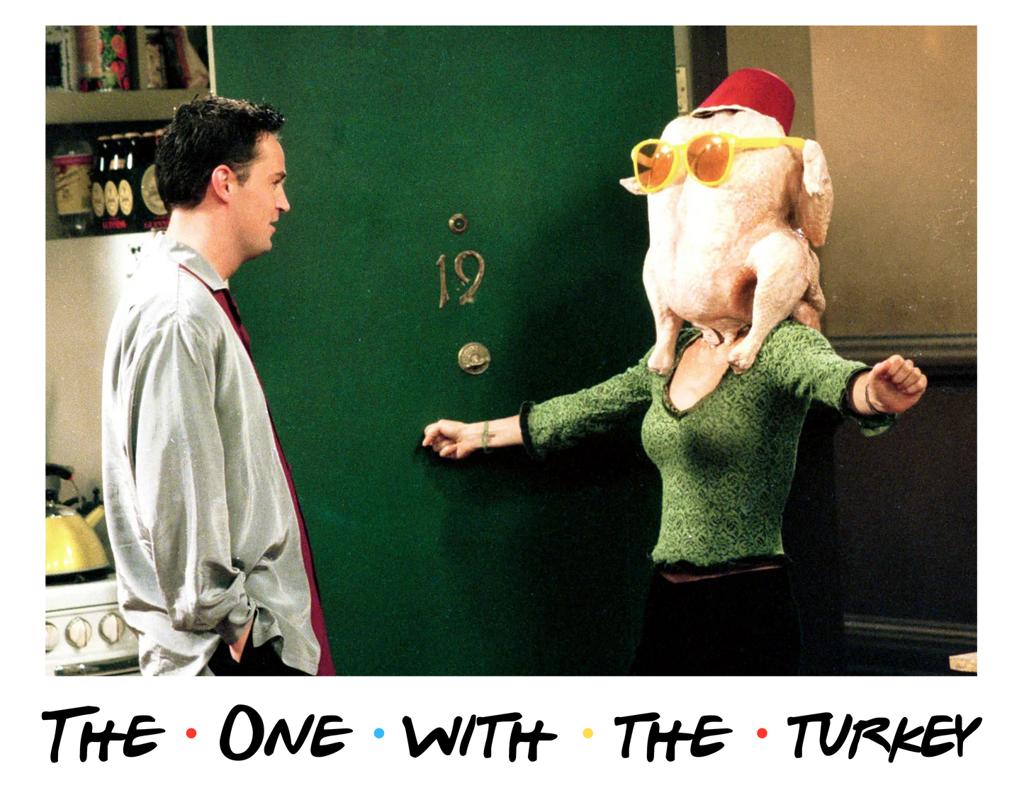 Person with a turkey on their shoulders standing next to another person in a room.