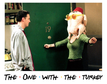 Person with a turkey on their shoulders standing next to another person in a room.